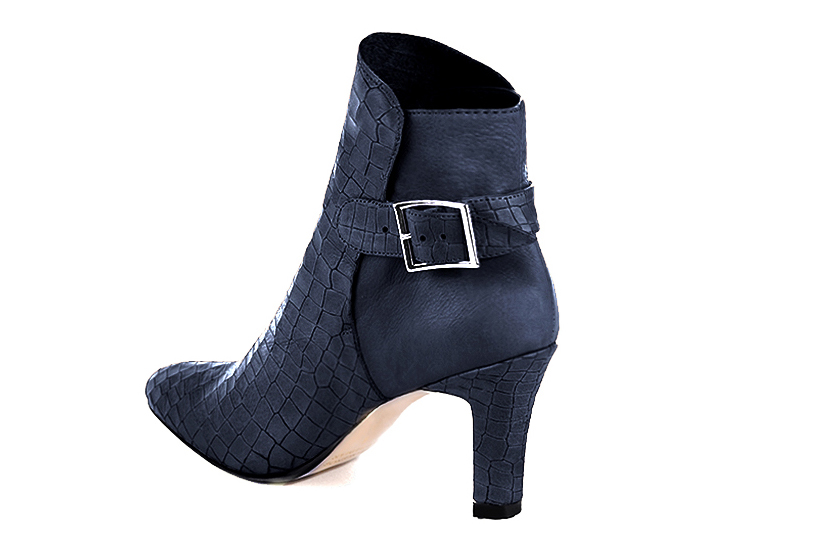 Navy blue women's ankle boots with buckles at the back. Round toe. High kitten heels. Rear view - Florence KOOIJMAN